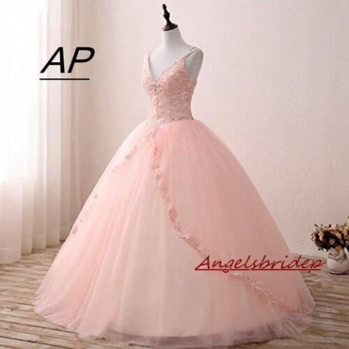 ANGELSBRIDEP Pink Ball Gown Quinceanera Dresses Vestidos De 15 Anos Fashion Spaghetti Straps Applique Tulle Birthday Party Gowns