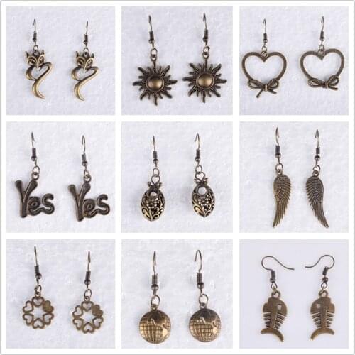 Antique vintage bronze fish heart fox sun yes feather earrings metal alloy drop dangle earring jewelry fashion ear jewellery
