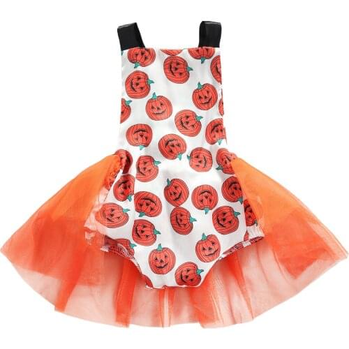Halloween Breathable Baby Girls Romper, Toddlers Sweet Style Pumpkin Printing Sleeveless Mesh Skirt Splicing Suspender Jumpsuit