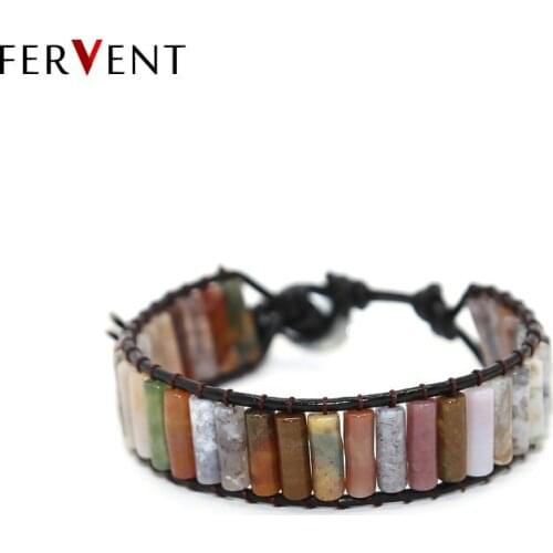 Leather Wrap bracelet boho Cylinder bead wrap bracelet Genuine leather bracelet natural stone Jewelry Drop Shipping