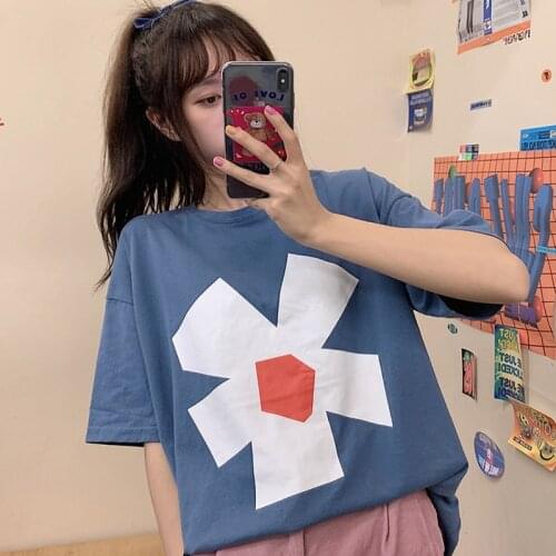 Summer Korean Floral Print Women Tops Loose Female T-shirt Loose Fashion Casual Short Sleeve Tee Shirt Female T-shirt Clothes