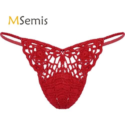 Mens Swimsuit G-String Hollow Out Bulge Pouch Briefs Handmade Crocheted Sunbathing Swimwear Elastic Waistband T-Back Thongs