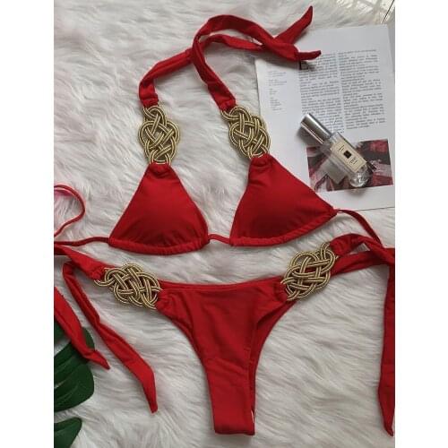 2021 New Patchwork Halter Knitted Bikini Women Swimwear Female Swimsuit Two-pieces Bikini set Bather Bathing Suit Swim Lady