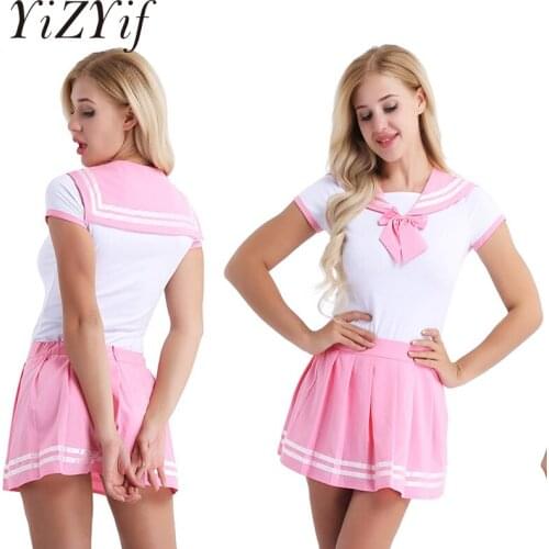 YiZYiF Sexy Costumes School Girl Sexy Cosplay fantasia lingerie Short Sleeve Romper with Mini Pleated Skirt Cosplay