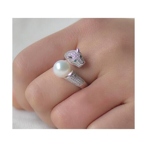 Prett Lovely Womens Wedding RINGS Natural Freshwater pearl jewelry 9-10mm round flawless S925 Ms. leopard fashion air ring