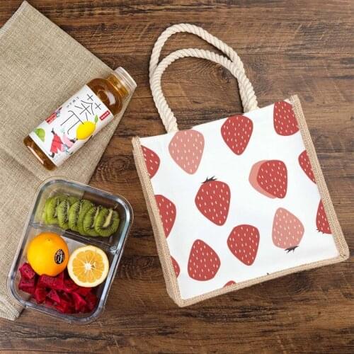 Portable Lunch bag For Women GIrls Office Picnic Waterproof Cartoon Fruit Cotton linen canvas Storage Bag