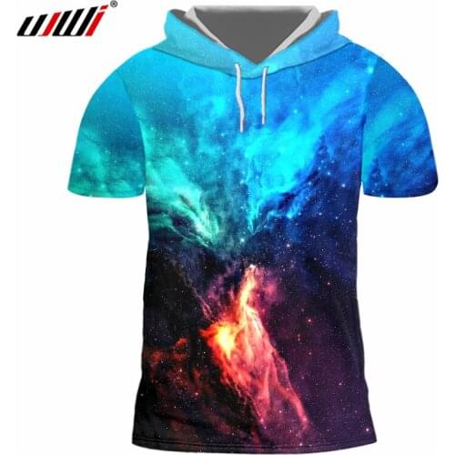 UJWI Spring Autumn New Mens Hooded T Shirt Print Galaxy Space Star T-Shirt Hoodies Homme Short Sleeve Hooded Casual TShirts