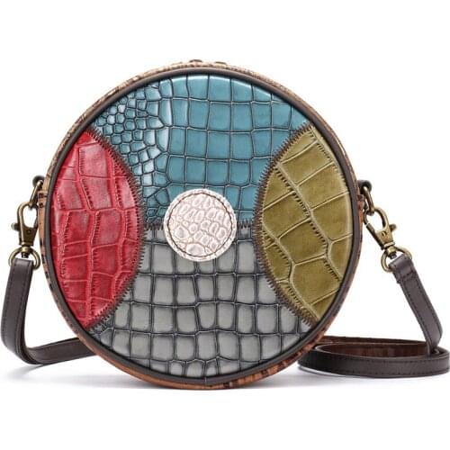 New ethnic style stitching leather womens bag First layer cowhide small round bag crocodile pattern one-shoulder messenger bag