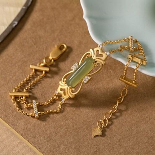 925 Sterling Silver Hetian Jade Jasper Agate Gold-plated Bracelets Double Chain Zircon Bracelet Women Trendy Bangle Jewelry Gift