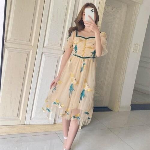 Women Bird Embroidery Party Dress Vintage Square Collar Female Puff Sleeve Mini Dress Casual Holiday Lady Boho Vestidos