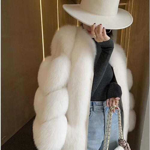 2020 New Autumn Winter Imported Whole Skin Fox Fur Grass Medium Long Women Coat Fashion Thick Warm High Quality White Jacket