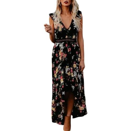 Fashion Female Sleeveless V Neck Dresses Floral Print Irregular Hem Backless Long Tanks Maxi Dress Woman Summer 2021