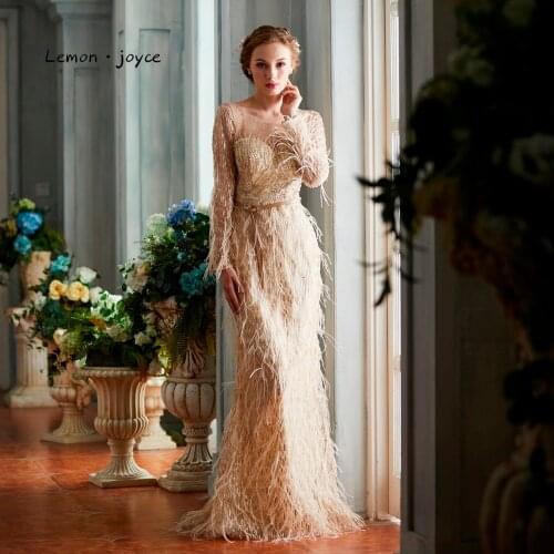 Lemon joyce Luxury Champagne Evening Dresses with Long Sleeves Elegant Illusion Beading Feathers Formal Evening Gown Party Dress