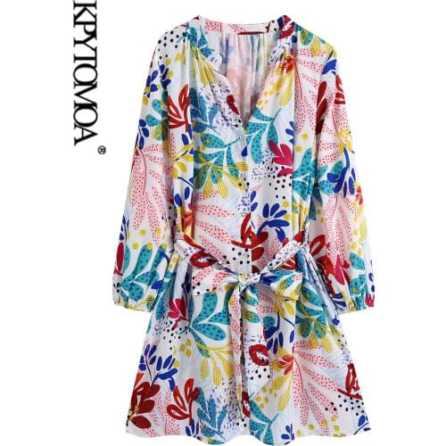 KPYTOMOA Women 2021 Fashion With Belt Floral Print Mini Dress Vintage Three Quarter Sleeve Button-up Female Dresses Vestidos