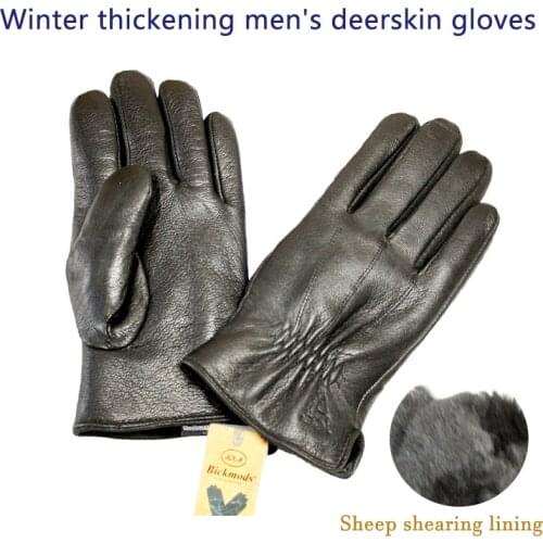 Winter Warm Deerskin Gloves Mens Thickened Sheep Shearing Lined Outdoor Wind and Cold Leather Finger Gloves