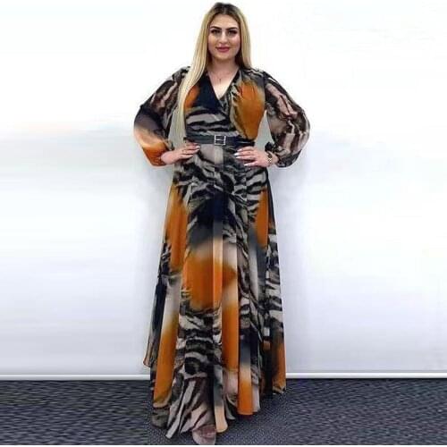 2021 Summer Dress Women V Neck Long Sleeve Retro Printing Chiffon Long Dress Maxi Plus Size Belted High Waist Boho Beach Dresses