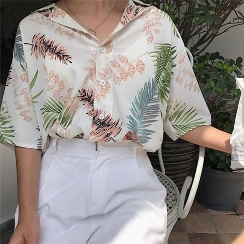2021 Summer Ladies Chiffon Blouses Fashion Casual Hawaiian Floral Printed Loose Fit Shirts Blosues Buttons Short Sleeve Tops