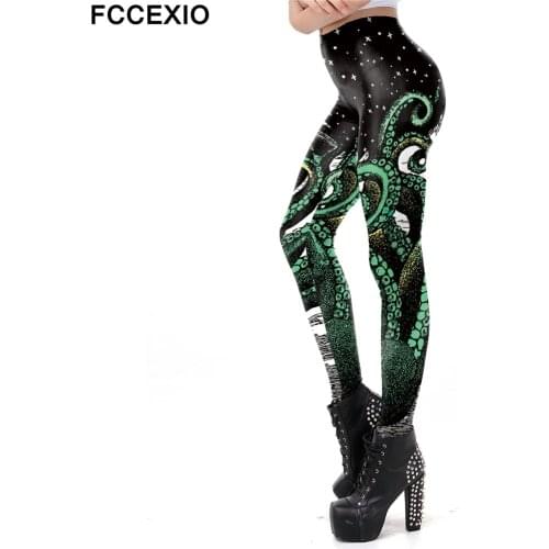FCCEXIO New Green Octopus Leggings Women Workout Fitness Legging Colorful Octopus Claw Print Leggins Plus Size Workout Leggings