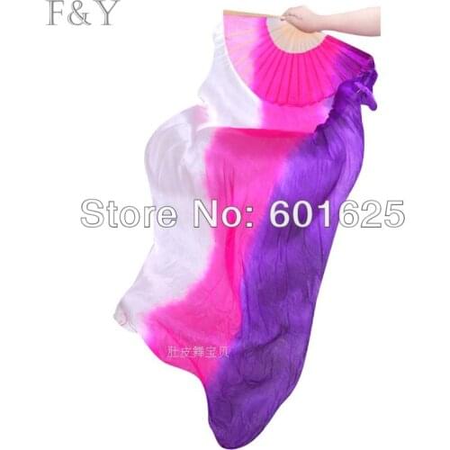 Hot selling belly dance White-Fushia-Purple color Vertical stripes 100% silk long flame Fan.(#sf-vs)