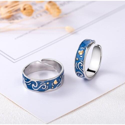 Moon Star Starry Night Van Gogh Adjustable Open Ring Fashion Couple Rings for Women Men Valentines Day Gift Drop Shipping