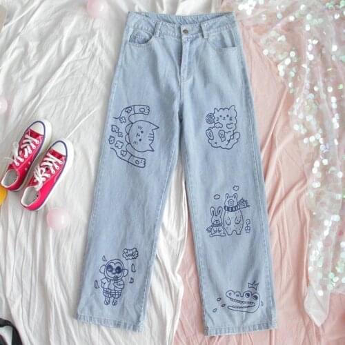 Sweet Cute Puppy Embroidery Girl Denim Trousers Harajuku Fashion Cotton Women Denim Jeans High Waist Curled Denim Straight Pants