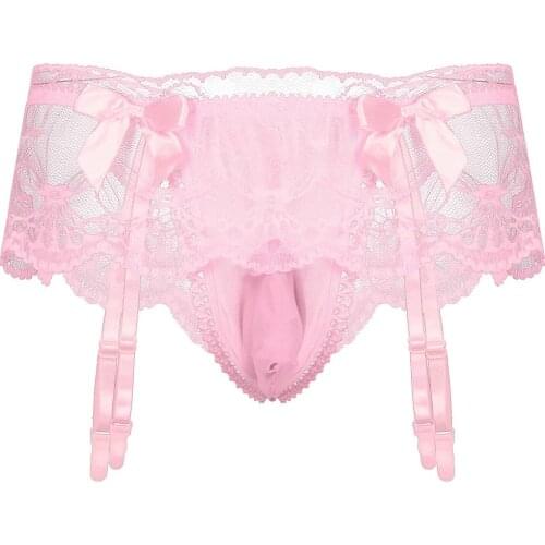 Mens Sissy Lingerie Panties Underwear See Through Lace Briefs With Garter Sexy Boxers Bulge Pouch Shorts Underpants 2021 New Hot