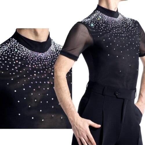 MenS Latin Dance Costumes High Neck Short Sleeve Rhinestone Tops Adult Chacha Competition Performance Practice Clothes DN7929