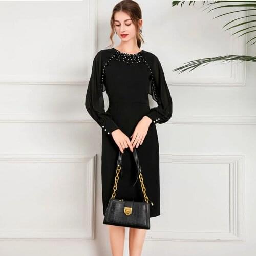 MIUXIMAO 2021 New Autumn Womens Clothing O-Neck Beading Batwing Long Sleeve Slim Waist Dress Elegant Fashion Office Style