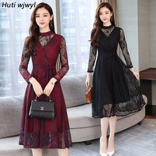 Autumn Winter Vintage New Plus Size Lace Sexy Midi Dress 2021 Korean Elegant Women Bodycon Party Black Mesh Dress Maxi Vestidos
