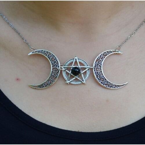 Pentagram Pagan Witch Necklace Crescent Moon Wicca Pendant Necklaces Gothic Jewelry