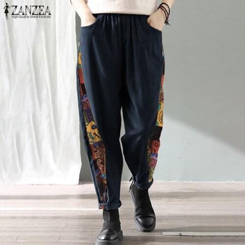 Vintage Elastic Waist Harem Pants Spring Women Floral Printed Trousers ZANZEA Plus Size Casual Patchwork Long Turnip Pantalon 7