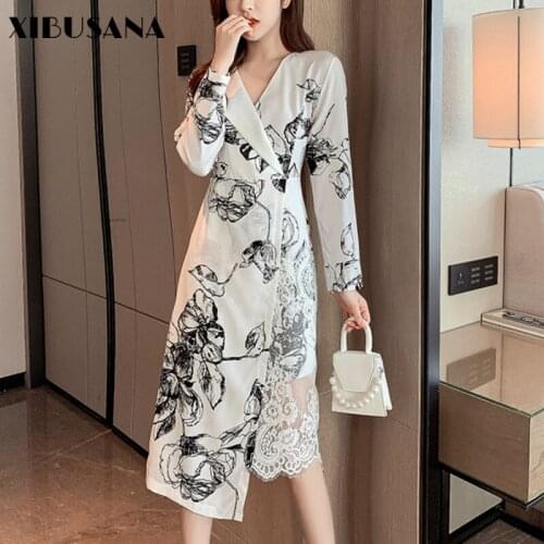 XIBUSANA Women Chiffon Dress Patchwork Lace 2021 Spring Autumn Fashion Female Long Sleeve V-neck Party Dresses A-line Vestido
