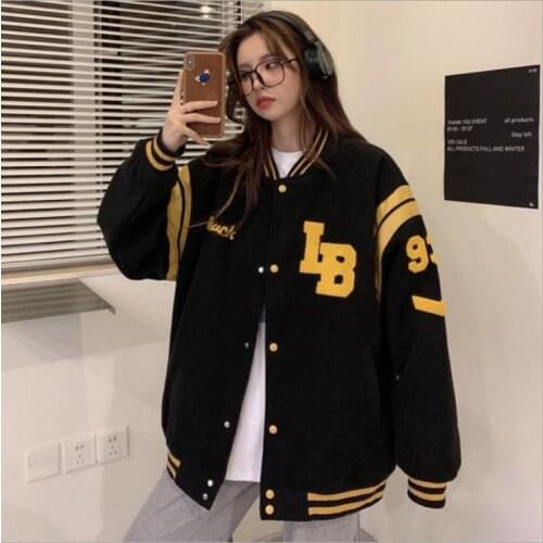 Women Oversized Baseball Jackets Letter Embroidery Hip Hop Jackets Striped Long Sleeve Buttons Down Loose Casual Coat Streetwear