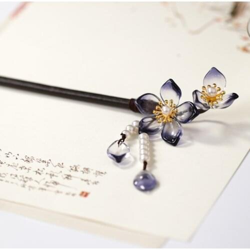 Ancient Costume Headwear Handmade Hairpins Woman Han Chinese Clothing Pearl Flower Wood Hairpin hair Accessories MA
