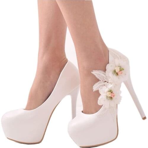 Crystal Queen Fashion Wedding Shoes Lace Flowers Bridal Shoes High Heels Women Party Dress White Sweety 14cm Pumps Plus Size