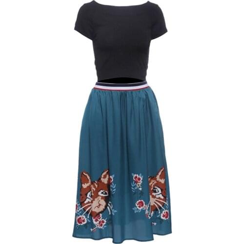 Formal Style Skirt Suit Women Set Black Knitting Top and Animal Printed Blue Ball Gown Skirt Womens Suits with Skirt Autumn