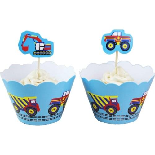 24pcs/lot Construction vehicle Paper Cupcake Wrappers Toppers For Kids Party Birthday Decoration Cake Cups(12 wraps+12 topper)