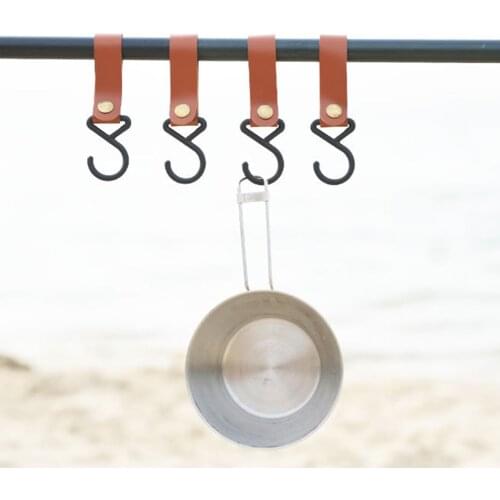 4pcs PU Leather Hanging Holder Hooks Durable Retro Clothes Storage Rack Hook Straps Outdoor Camping Hiking Cookware Hanger