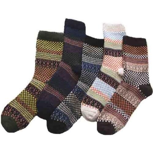 5 pair Mens Vintage Ethnic Woolen Warm Long Socks Checked Striped Geometric Ribbed Knit