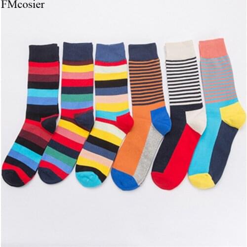 6 Pairs/lot Autumn Winter Comb Cotton Mens Bright Colorful Socks Male Man Long Crew Warm Funny Striped Socks Meias Weeding Gift