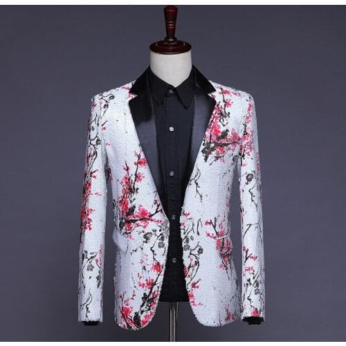 Shiny Red Floral Sequin Tuxedo Suit Blazer Men Wedding Groom Prom Glitter Suit Jacket Men DJ Nighclub Stage Singer Costume Homme