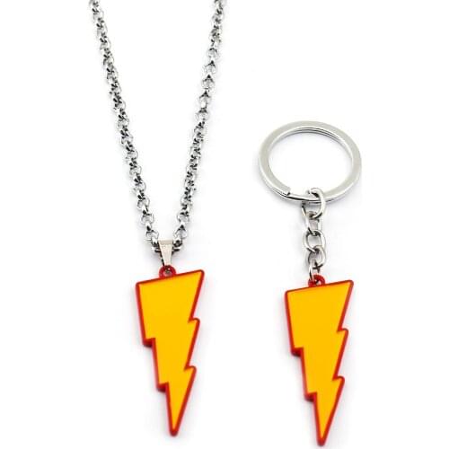 Movie Jewelry Shazam Lightning Shape Pendant Keychain Necklace Novelty Metal Charm Keyring Bag Car Key Holder Key Chains