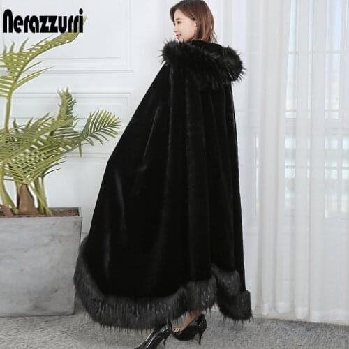 Nerazzurri black hooded cloak vintage women loose oversized long faux fur cape coat with faux fox fur trim thick warm cloak