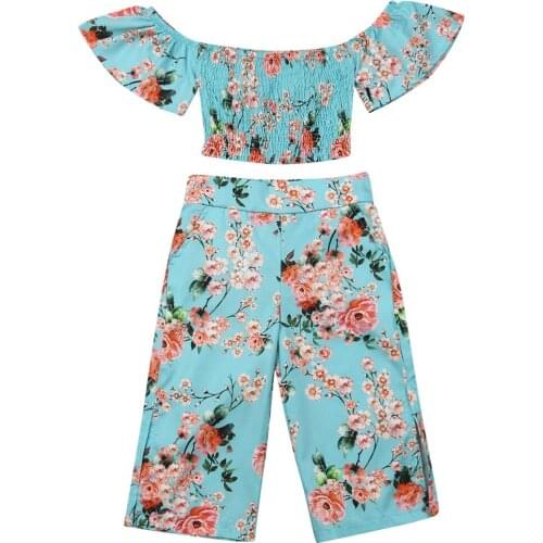 Citgeett Summer 2-6Years Toddler Baby Girl Floral Clothes Off Shoulder Crop Top Leggings Summer Blue Outfit Set
