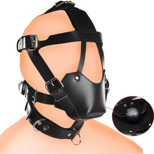 SM Leather Hood Mask BDSM Bondage Harness Gag Muzzle Mask With Ball Mouth Gag Fetish Erotic Slave Restraint Sex Toys For Couples