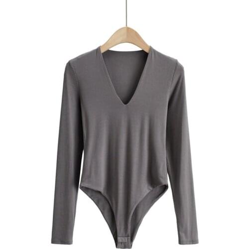 Summer Deep v neck bodysuit women long sleeve bodycon romper sexy fashion vintage body suits for women long sleeves