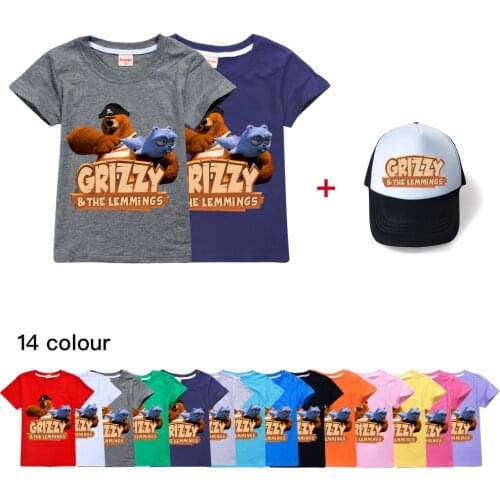 Summer Matching Boys Short Sleeve T-shirt + Hat Teenage Girls T Shirt Grizzy Lemmings Kids Graphic Tee 8 A 12 Year Clothes Tops