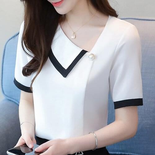 Blusas Blouses Tops Women White Blouse Short Sleeve Blouse Women Blusas Mujer De Moda 2021 V-Neck Chiffon Blouse Shirt Top E792