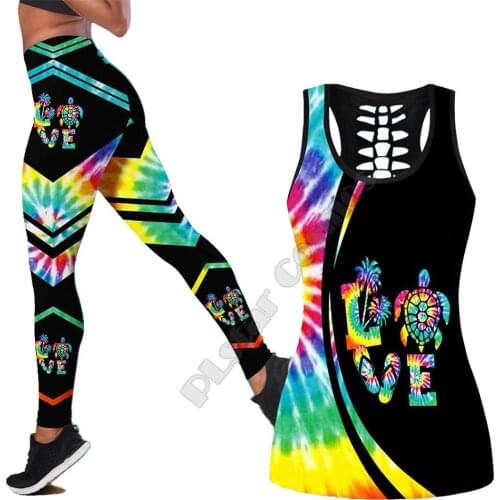 Sea turtle Polynesian 3D Printed Hollow Out Tank Legging Suit sexy Yoga Fitness Soft Legging Summer Women For Girl 33