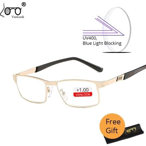 Vanlook Business Mens Reading Glasses Anti Blue Ray For Computer Half Frame Stainless Steel Presbyopic Glasses 1.0 1.5 2.0 2.5
